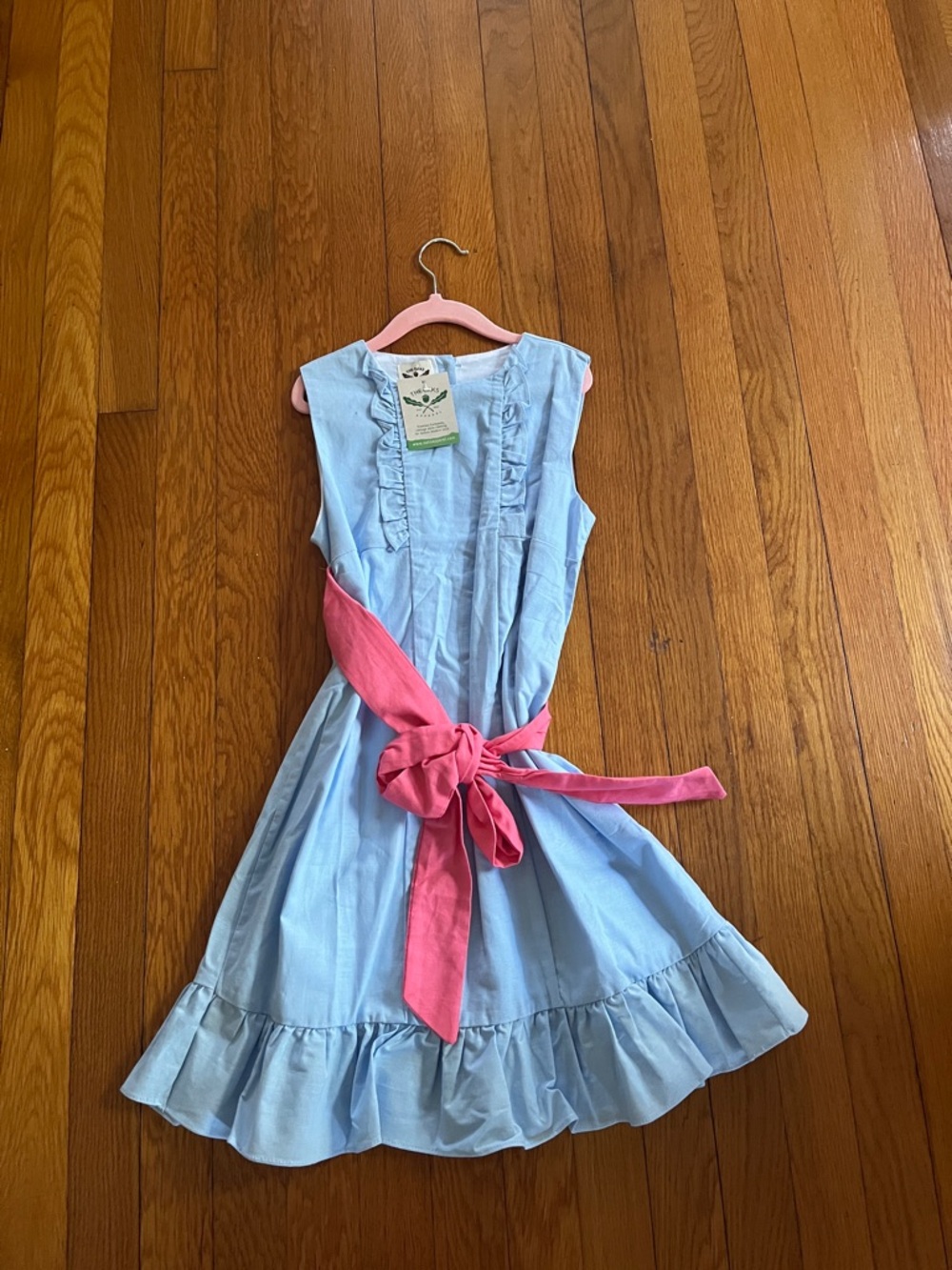 NWT Light Blue Girls' Ruffle Hem Dress with Pink Sash size 7